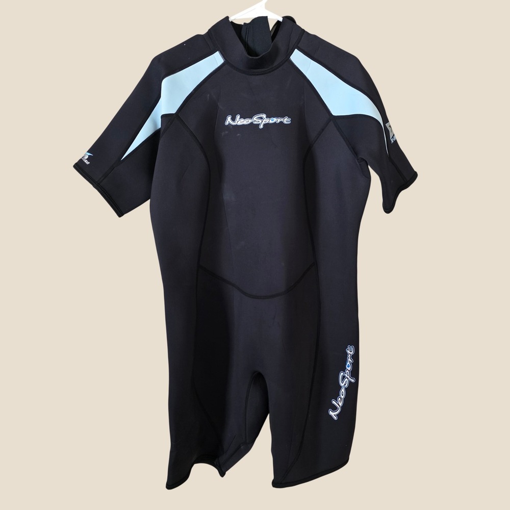 NeoSport Womens Wetsuit Shorty Size 18 Black Blue Short Sleeve Back Zip 3mm